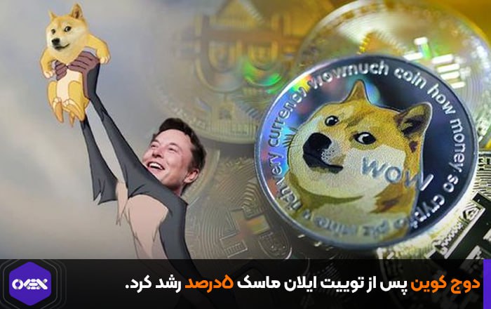 دوج کوین پس از توییت ایلان ماسک ۵درصد رشد کرد.