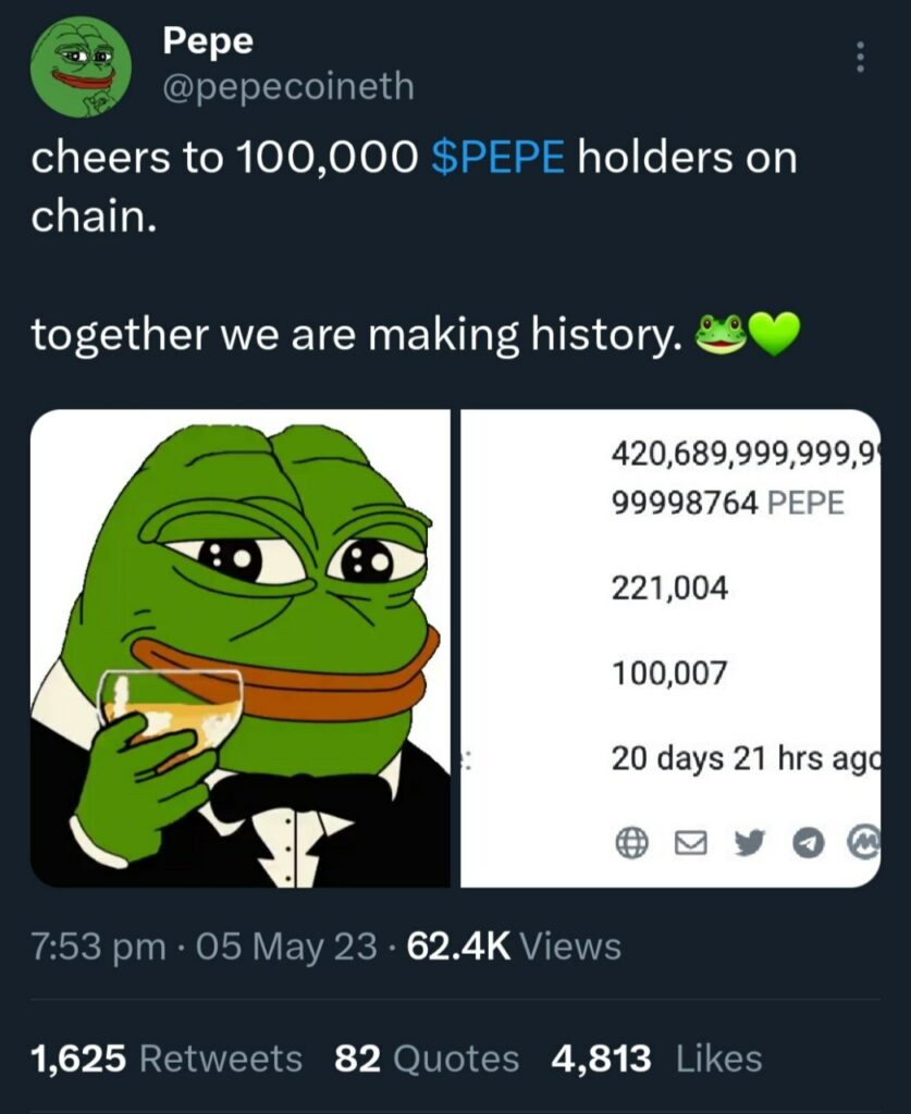 تعداد هولدر های ارز دیجیتال PePe از ۱۰۰ هزار فراتر رفت