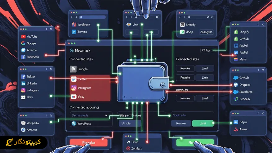 امنیت در متامسک: ۱۰ نکته ای که هر کاربری باید بداند مدیریت دسترسی اپلیکیشن ها به کیف پول و استفاده از گزینه لغو دسترسی برای افزایش امنیت در متامسک